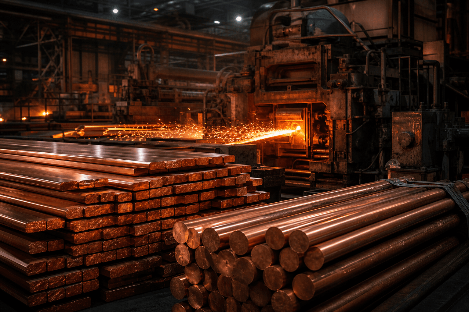 Copper bus bars and rods in manufacturing plant
