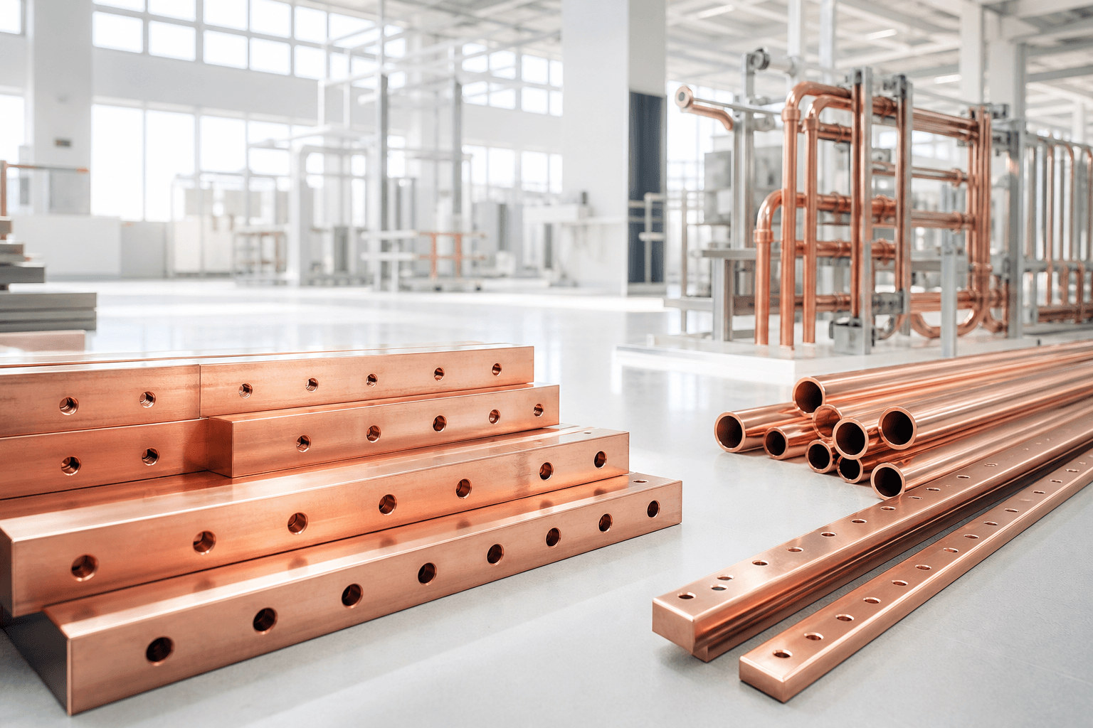 Bright copper products in a light modern manufacturing setting